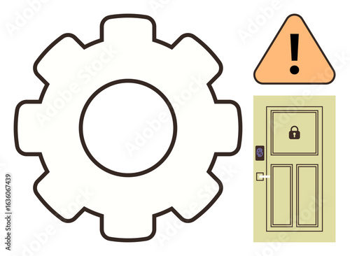 Gear illustration paired with an exclamation mark warning sign and a locked door. Ideal for security, maintenance, system alerts, user authentication, privacy, caution, simple flat metaphor
