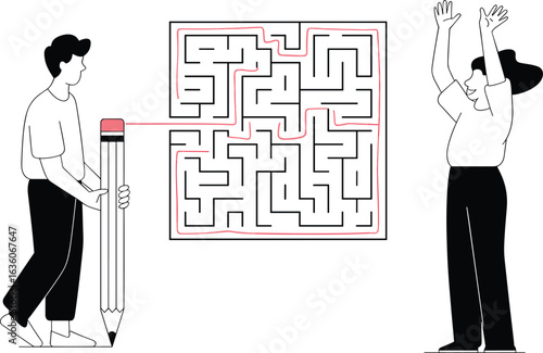 Solving maze puzzle, teamwork success, creative thinking, finding solution, strategy planning, problem solving concept, goal achievement, flat vector illustration