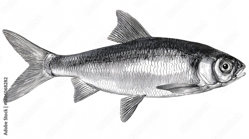 Fototapeta premium Silvery Fish Swimming School Isolated on White Background for Aquatic Education Concept