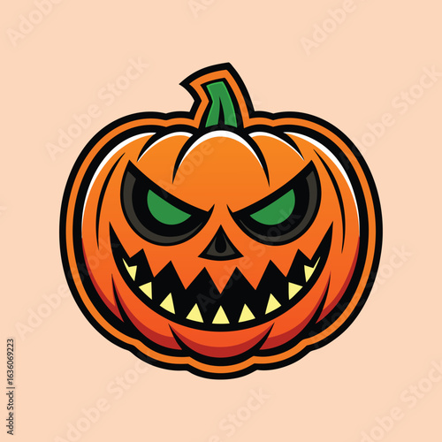 Angry Jacko'lantern pumpkin with green eyes for Halloween on a light orange background