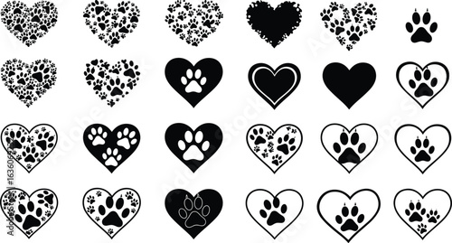 Black and white heart paw print designs, pet love icons, animal care symbols, dog cat lover vector, veterinary clinic decoration art