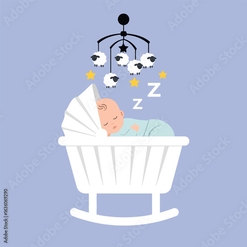 This adorable illustration shows a sleeping baby in a white crib with a mobile featuring sheep and stars, all set against a calming blue background.