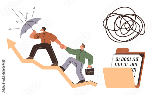 Professionals climbing an upward arrow, shielding from obstacles with an umbrella, tangled lines symbolizing confusion, binary code in a folder. Ideal for teamwork, leadership, problem-solving