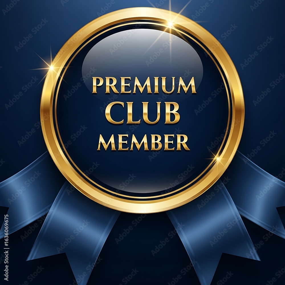 Fototapeta premium Premium club member badge with golden frame and blue ribbons