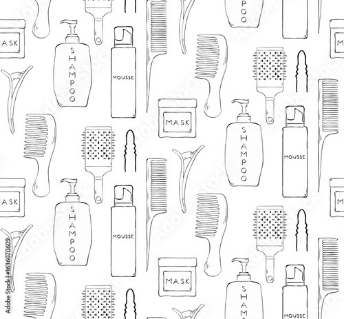 Professional hairdresser tools Hair Salon seamless pattern. Vector graphic line ink illustration. Barbershop Beauty Hairdressing salon. Coloring Sheet for Stress Relief and Relaxation