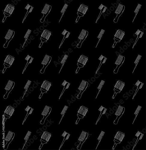 Hairdresser combs Hair Salon seamless pattern. Vector graphic line ink illustration. barber shop beauty background of isolated element. Different types of comb and scallop.
