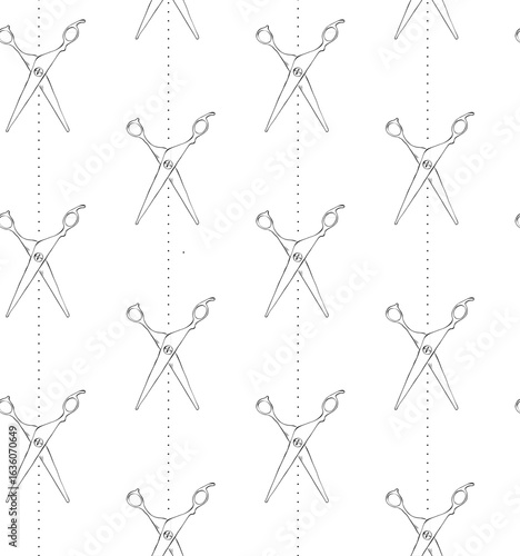 Scissors And Dots Barber Accessory Hair Salon seamless pattern. Vector graphic line ink illustration. For poster, flyer, banner, invitation, social media, party or sale, logo, web, package, sticker.