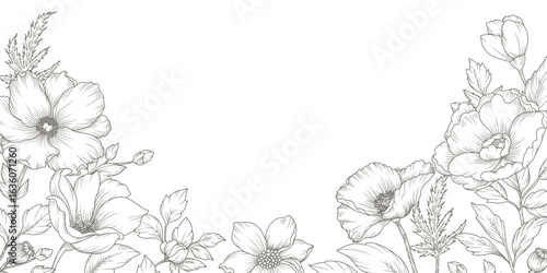 Floral background with hand drawn flowers and leaves. Elegant Botanical line art. Tender Vector illustration for wedding invitation, cover, banner, package, card, wallpaper