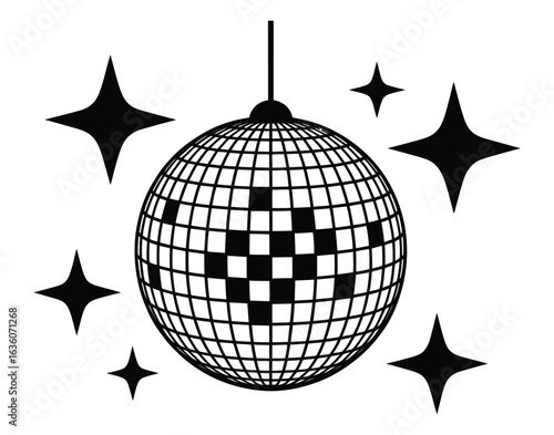Retro Disco Ball with Sparkling Stars and Reflective Grid Pattern Hanging from Ceiling, Symbol of Dance Party, Nightlife, and Celebration