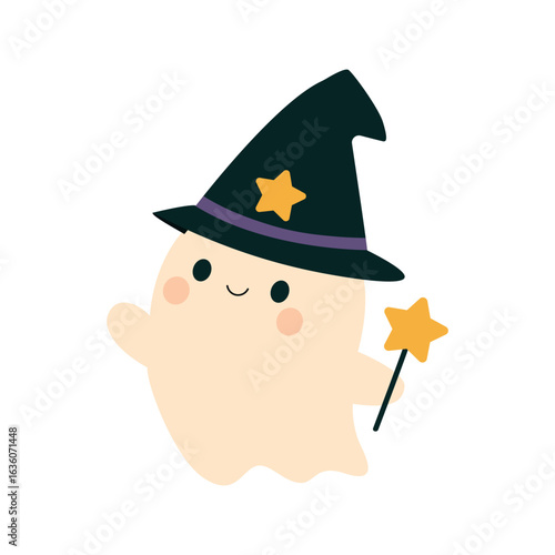 Cute smiling ghost in a wizard costume, with a pointed hat and holding a magic wand. Adorable Halloween character in flat style, perfect for stickers, postcards, and holiday decor.
