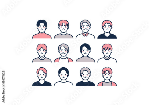 ピンク、紺の男性のイラスト、アイコンセット