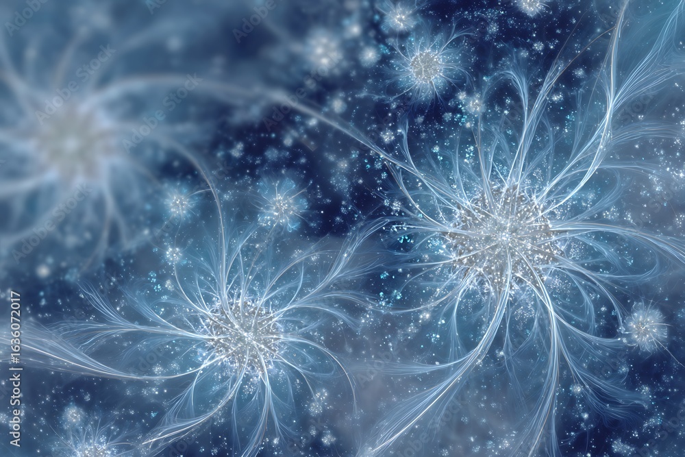 Fototapeta premium Abstract fractal art featuring intricate floral patterns in shades of blue and white, creating a dreamy and ethereal atmosphere.