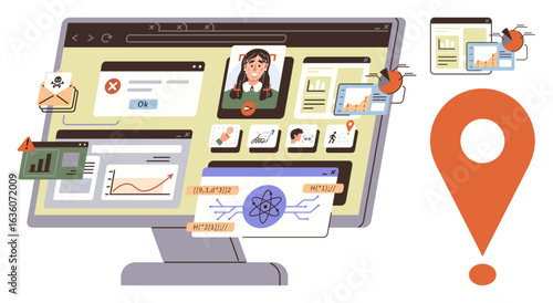 Computer screen with charts, videos, security alerts, bugs crawling on files, and location icon. Ideal for technology, cyber risk, networking hacking malware software digital safety. Simple flat