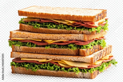 A stack of three sandwiches with meat and cheese