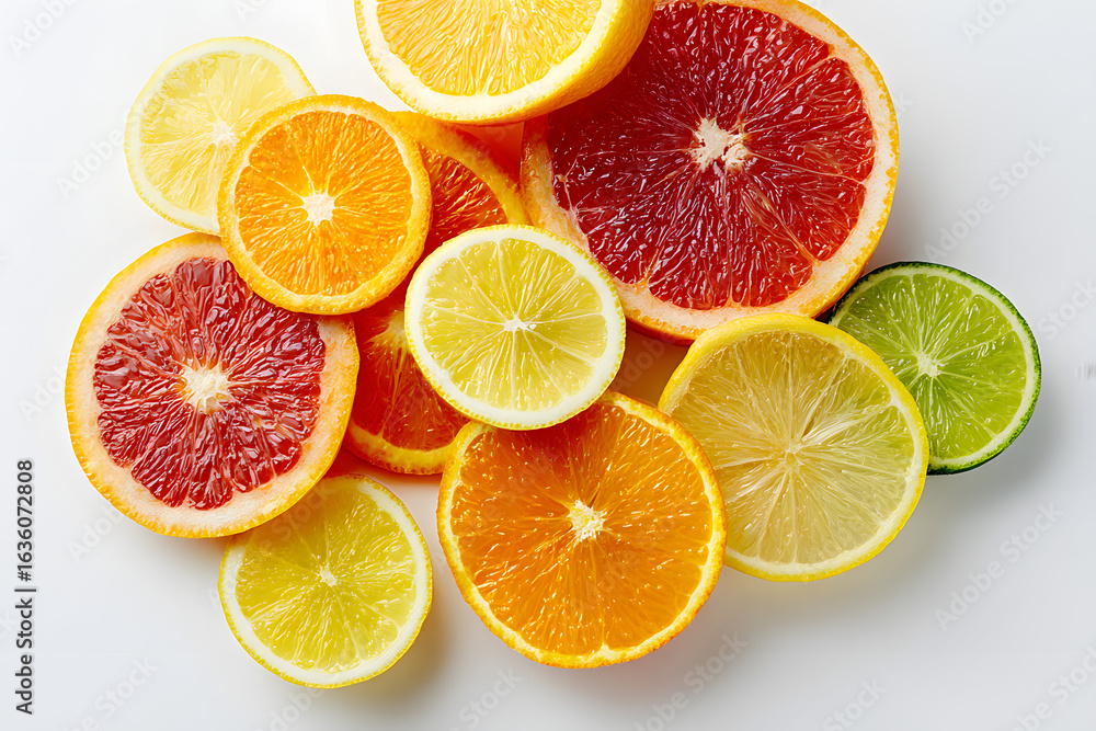 Fototapeta premium Top-down view of sliced oranges, grapefruits, lemons, and limes on white background
