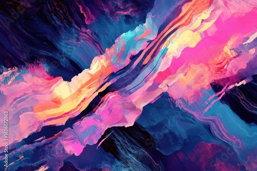 Abstract painting with pink blue and yellow colors