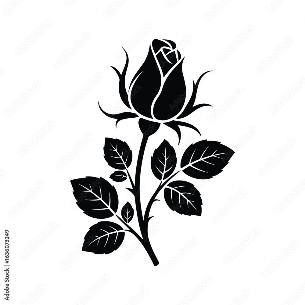 Fototapeta premium Black silhouette of a rosebud with leaves and stem on a white background flower unopened