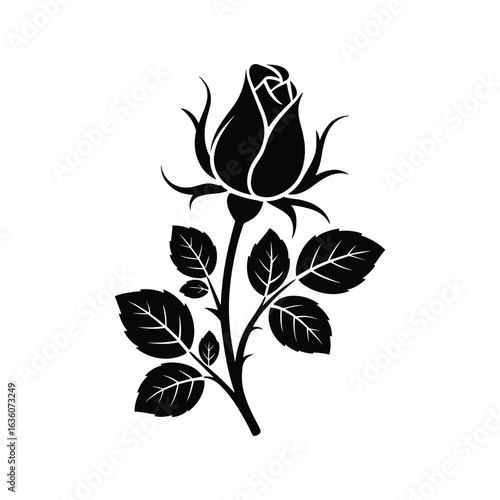 Black silhouette of a rosebud with leaves and stem on a white background flower unopened