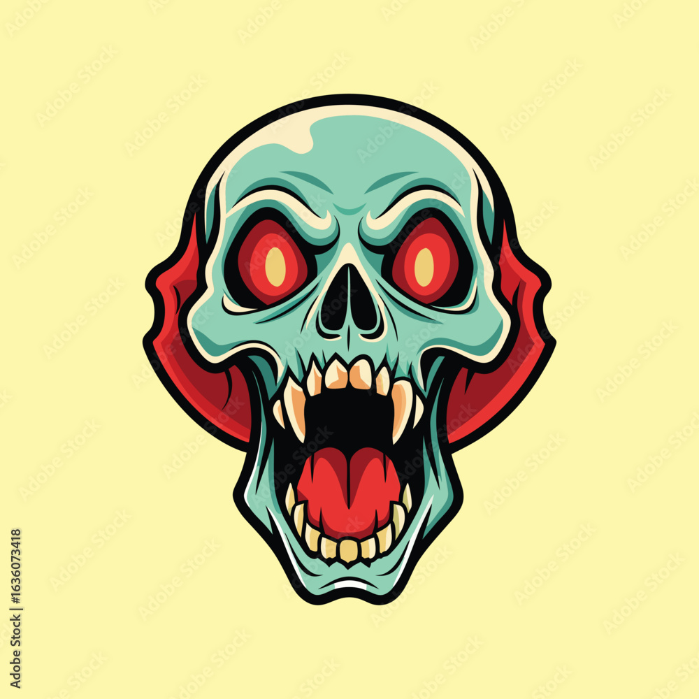 Fototapeta premium Cartoon Zombie Skull Vector Illustration with Red Eyes and Bone Structure