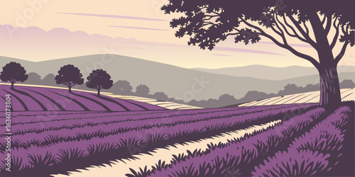 Lavender fields at sunset with pastel skies and a serene tree-lined horizon vector illustration.