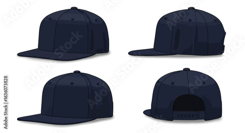 UntitleNavy Blue Snapback Hat Mockup – Front, Side, Back, and Angle Viewsd