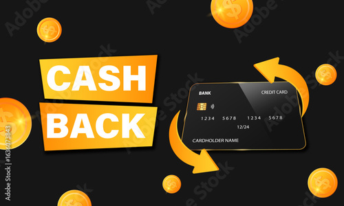 A stylish black credit card with golden coins and cashback arrows, symbolizing rewards, savings, and smart financial transactions.