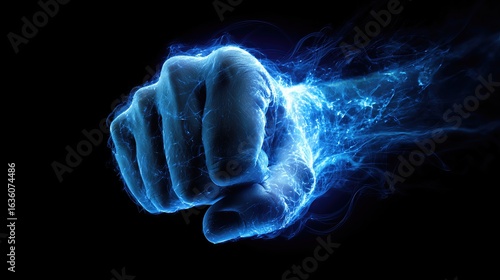 A glowing blue fist emerges from the darkness, radiating energy and strength against a black background.

