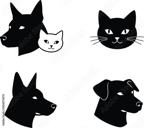 Dog and cat silhouette illustration, pet animal face icon, black and white design, domestic pets graphic, animal head vector art