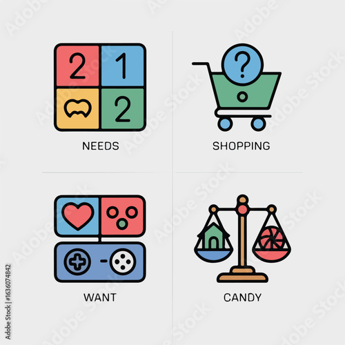 Illustration showing needs and wants with shopping cart and balance scale with candy and house icons
