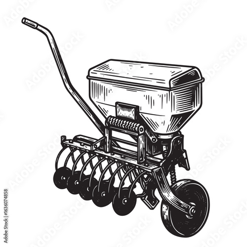 Vintage hand drawn illustration of a seed drill used for agriculture and farming