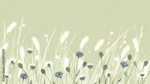 Delicate floral arrangement with blue cornflowers and white foxtails on a light green background