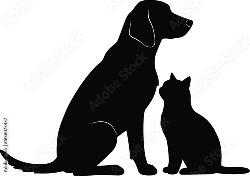 Dog and cat silhouette, pet friendship, animal companionship, black outline design, domestic pets illustration, canine and feline vector art, animal love