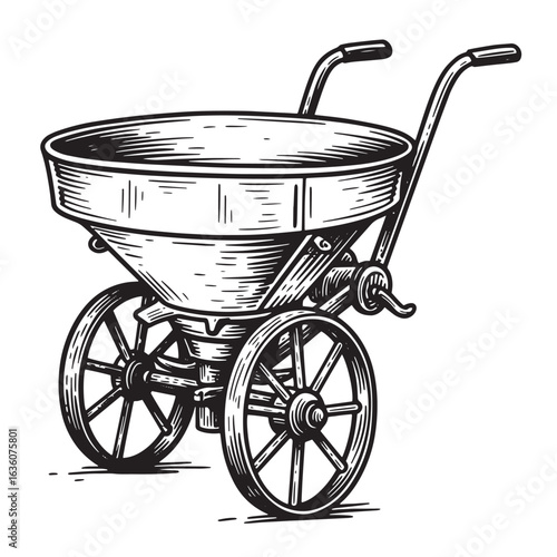 Vintage hand-drawn illustration of antique seed spreader cart for agricultural purposes