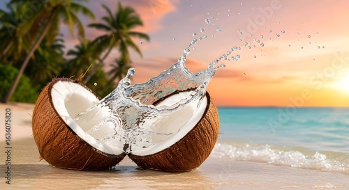 Coconut cracked open on a beach with water splashing out, set against a serene tropical sunset backdrop. AI Generated