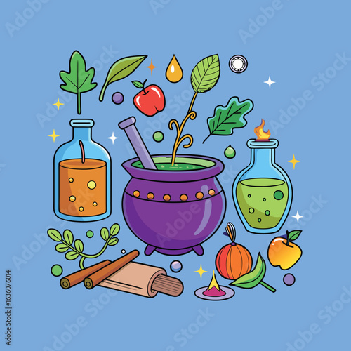 Cartoon depiction of a witch's potion making ingredients and tools scattered around