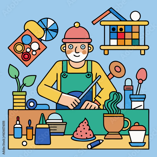 Craftsman creating handmade crafts in workshop studio with tools and art supplies illustration vector design