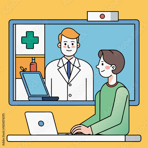 Online doctor consultation telemedicine healthcare service with video call and patient at home laptop