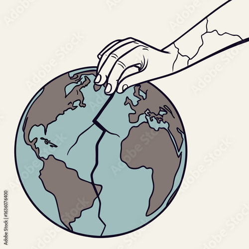 Cracked earth globe with hand illustration showing environmental issues and global crisis concept art design