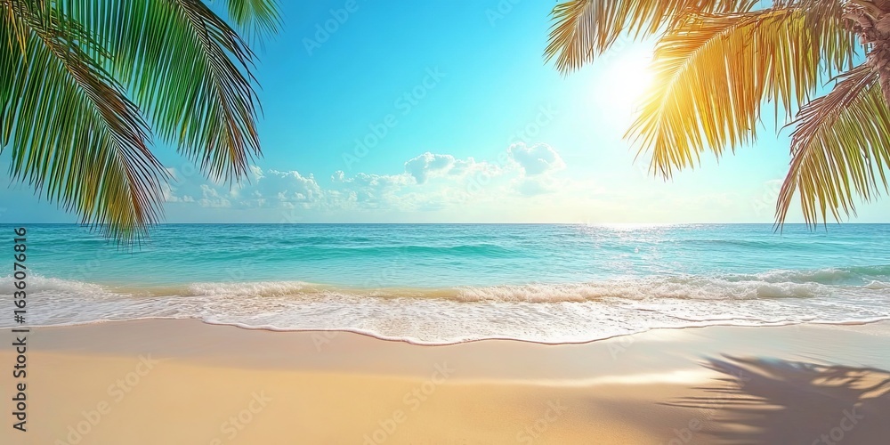 Fototapeta premium Serene Tropical Beach Paradise with Palm Trees, Warm Sunset, and Gentle Ocean Waves in Summer