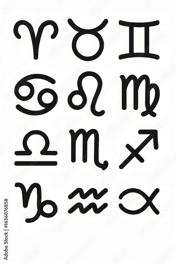 Obraz premium Black Zodiac Signs Astrological Symbols on White Background