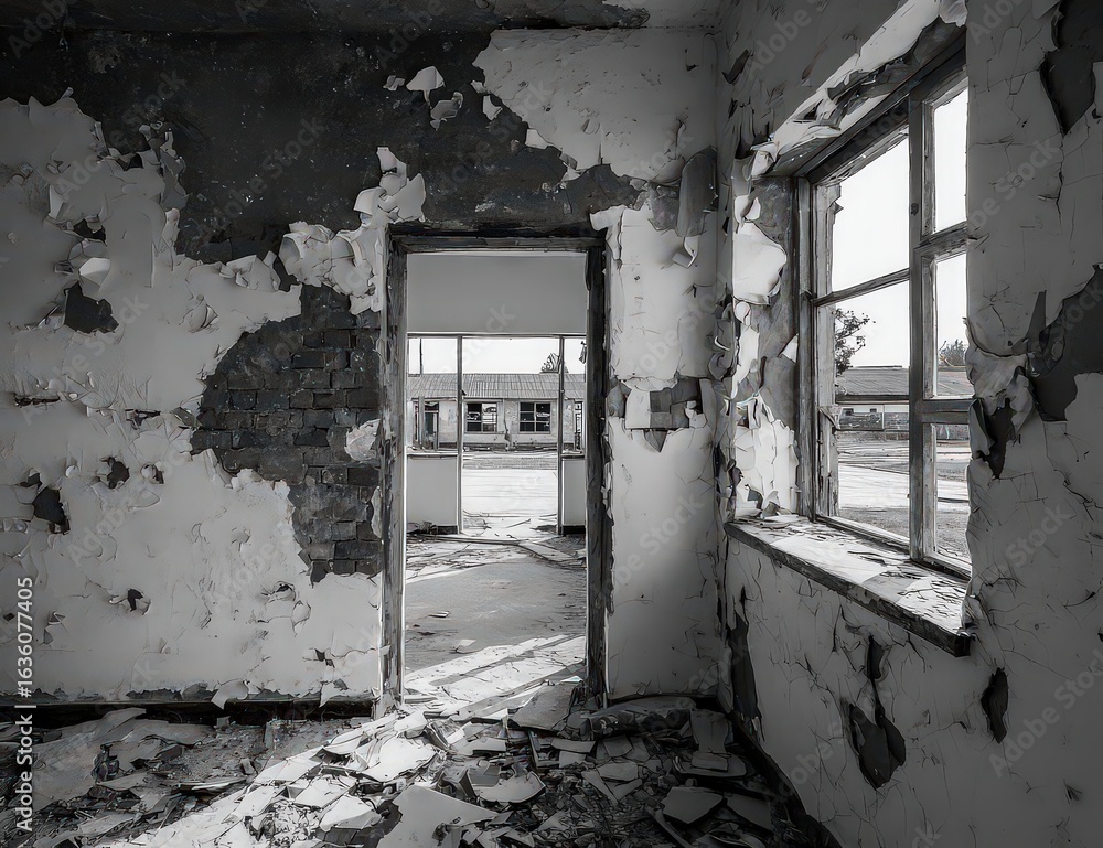 Obraz premium Abandoned Interior Grayscale Room With Broken Wall And Door