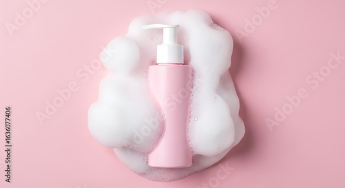 Pink bottle with white pump surrounded by foam on a pastel background