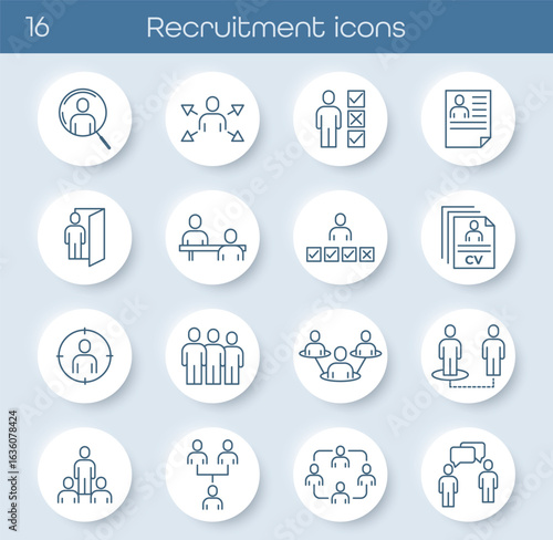 Recruitment icons set with line style. Includes symbols of job search, interview, CV, hiring process, team, and candidate selection. Perfect for HR, business presentations, websites, and infographics.