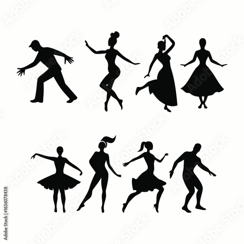 Silhouette of a group of people dancing and jumping, showing the evolution of dance and movement