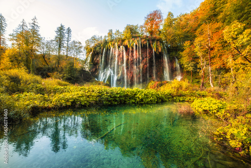 Amazing turquoise water in Plitvice Lakes National Park, Croatia. World heritage site. autumn landscape