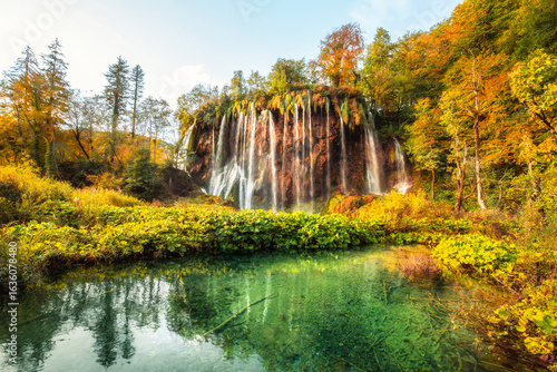 Amazing turquoise water in Plitvice Lakes National Park, Croatia. World heritage site. autumn landscape