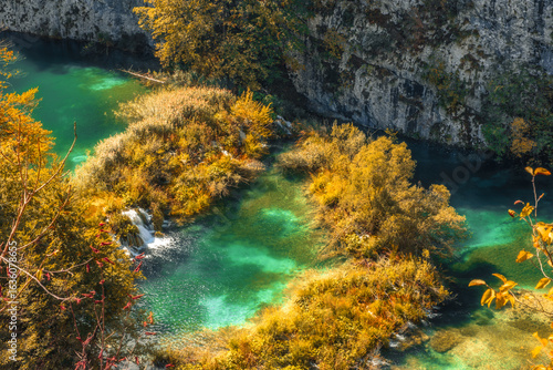 Amazing turquoise water in Plitvice Lakes National Park, Croatia. World heritage site. autumn landscape