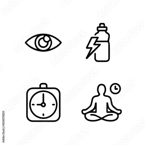 Icons representing wellness including an eye, energy drink, alarm clock, and meditating person illustration
