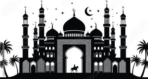 Islamic mosque silhouette with domes and minarets, crescent moon, stars, palm trees, Arabian architecture, night scene, Muslim culture, faith, devotion
