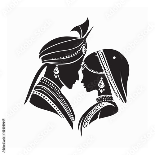 Minimalist Indian Bride and Groom Vector Design for Wedding Concept Art